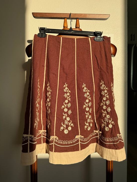 AZwell Dresses & Skirts - AZwell Linen Blend Embroidered Cottagecore Midi Skirt Brown Boho Prairie M